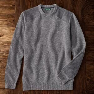 Orvis Lambswool Crew Sweater Mens Large Gray Elbow Shoulder Patch EUC